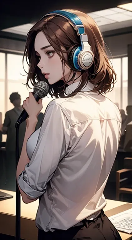 masterpiece, Best Quality, breasts, illustration,, reception desk, Alone,   microphone,   headphones, Realistic,   brown hair, shirt, , white shirt, back,   microphone,   microphone stand,  