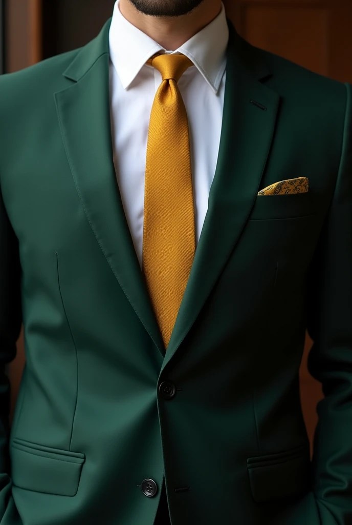 Create a dark green suit, white shirt and mustard tie 