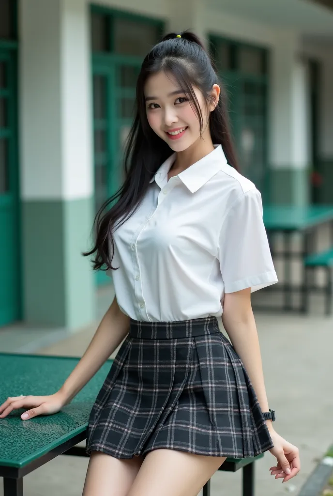 Real photos High-quality Realistic of  woman, Beautiful girl (((large breast , big breast , nsfw))) , Best Quality, 20 years old thai girl in a school uniform astanding near a green metal table,  She is wearing a white shirt(((large breast , big breast , n...