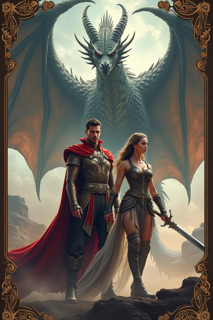 A fantasy movie poster with a prince and a female warrior with a dragon in the background 