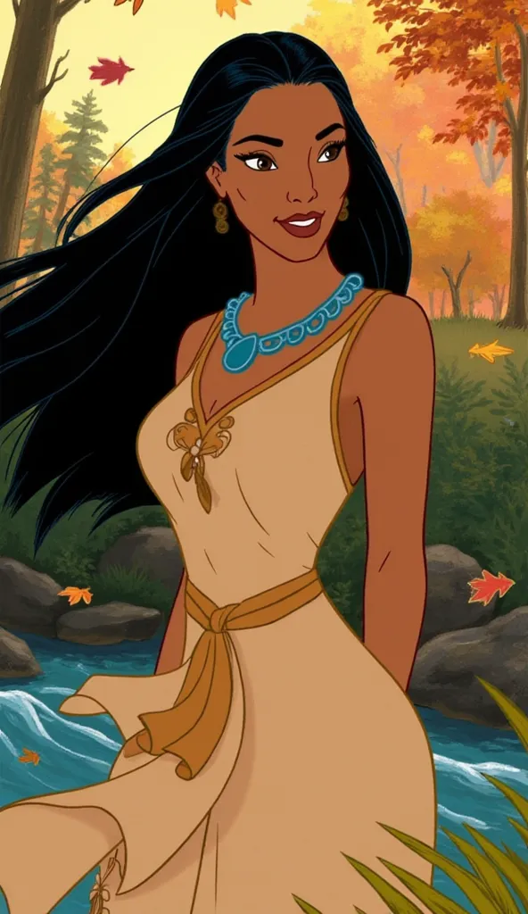 **"Draw Pocahontas, the heroine of the Disney movie, in its iconic pose and with its aura of serenity. She must be portrayed in her traditional beige dress, decorated with fringed details, and her blue necklace. } Capture the strength and grace in your exp...