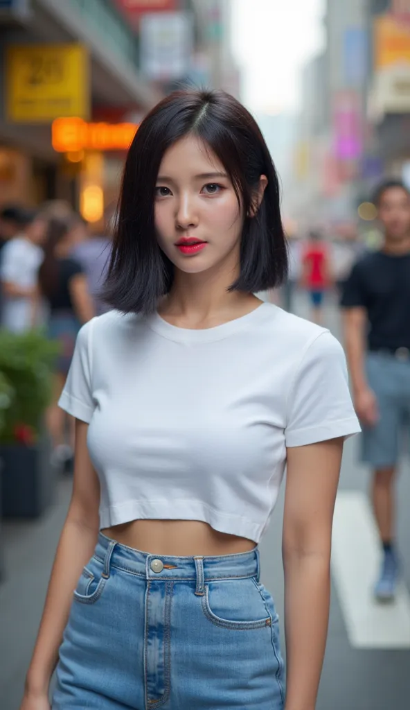 a beautiful woman,  Walk the streets of the city,   body facing front, wear a white casual shirt,  big boobs,  red lips,   Annoyed face , Detail image,  HD quality