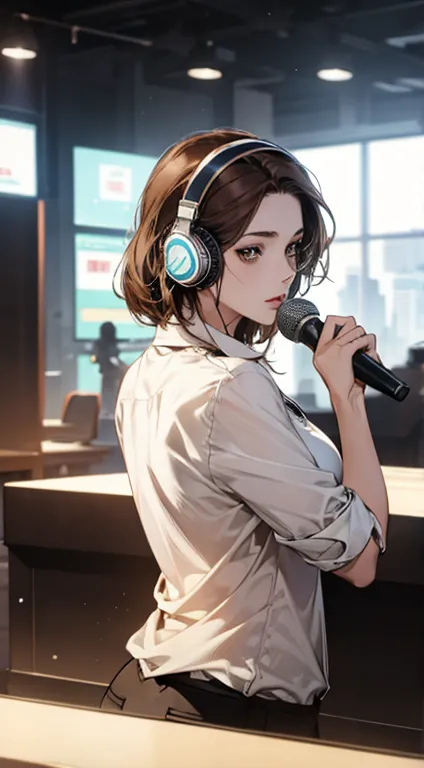 masterpiece, Best Quality, breasts, illustration,, reception desk, Alone,   microphone,   headphones, Realistic,   brown hair, shirt, , white shirt, back,   microphone,   microphone stand,  