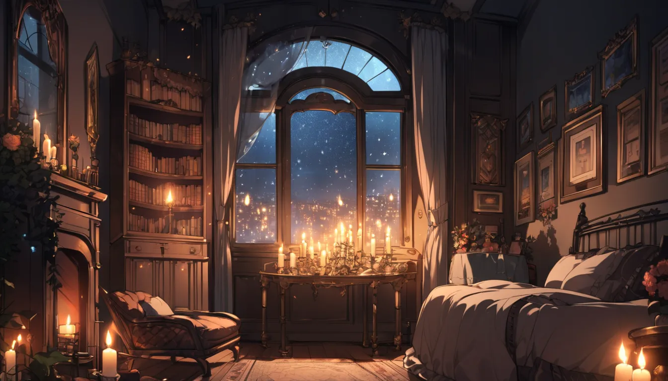 A victorian era room window at night lit by candle light with a cozyvibe