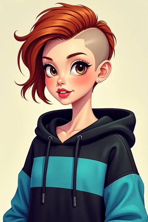 Une image de dessin animé 2D, une femme, peau claire, au cheveux court d'un côté et très court de l'autre, châtain rouge, au yeux marron, avec un sweat à capuche noir et bleu 