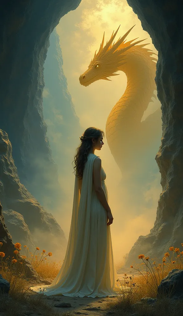 A cave bathed in mystical light, where a majestic A symbolic and somber painting: Persephone stands, enveloped in a golden and blue mist, looking out at the horizon with a sad and reflective gaze. In the background, the silhouette of an imposing golden dra...