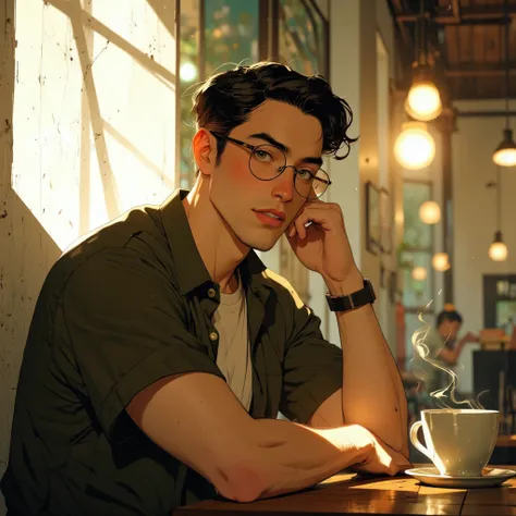 Anime art, mythp0rt, a stylized illustration showing a young Southeast Asian man with short, neatly parted black hair and round metal-framed glasses, seated at a simple coffee shop table against a plain white wall, wearing a dark green short-sleeved button...