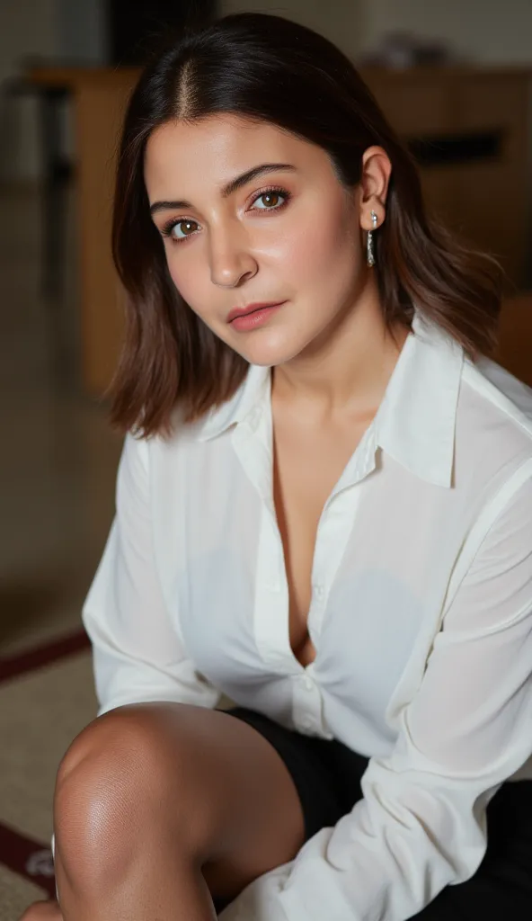 Close up face image of a woman in a formal white shirt attire. Sitting. Legs folded. Thighs visible. Background blurred. She is wearing stockings.