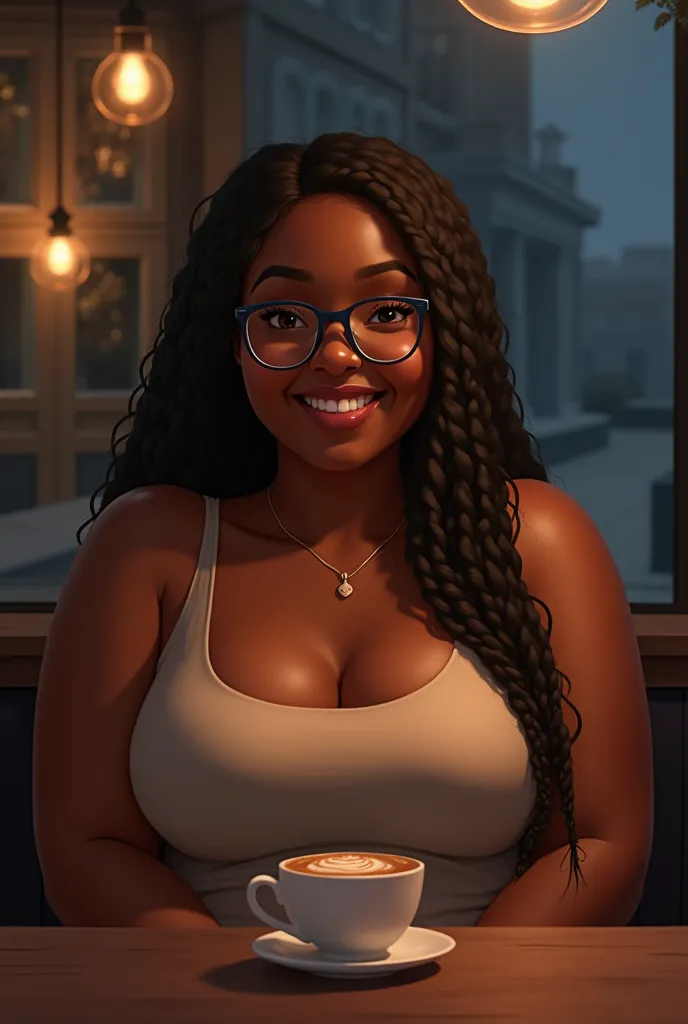 Black girl, large breasts, smiling, glasses, overweight, looking at camera, sitting across at table, in cafe, long braids, in tank top, dark outside window.