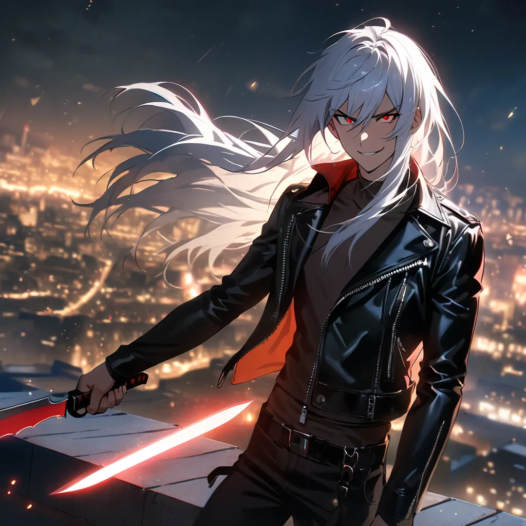 Masterpiece, solo, male, 1 man, 25 years old, strong, 5 fingers, 5 fignered, strong, red eyes, complex_eyes, long hair, white hair, leather jacket, black pants, angry, smiling, holding a knife, on the roof of a building, buildings, field, cityscape, night,...