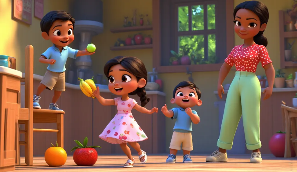 3D cartoon scene in Disney Pixar style: A four-year-old girl, round face, bright brown eyes, straight dark brown hair tied in braids, fair skin, slender build, 80 cm tall, wearing a light pink knee-length dress adorned with small prints of red strawberries...