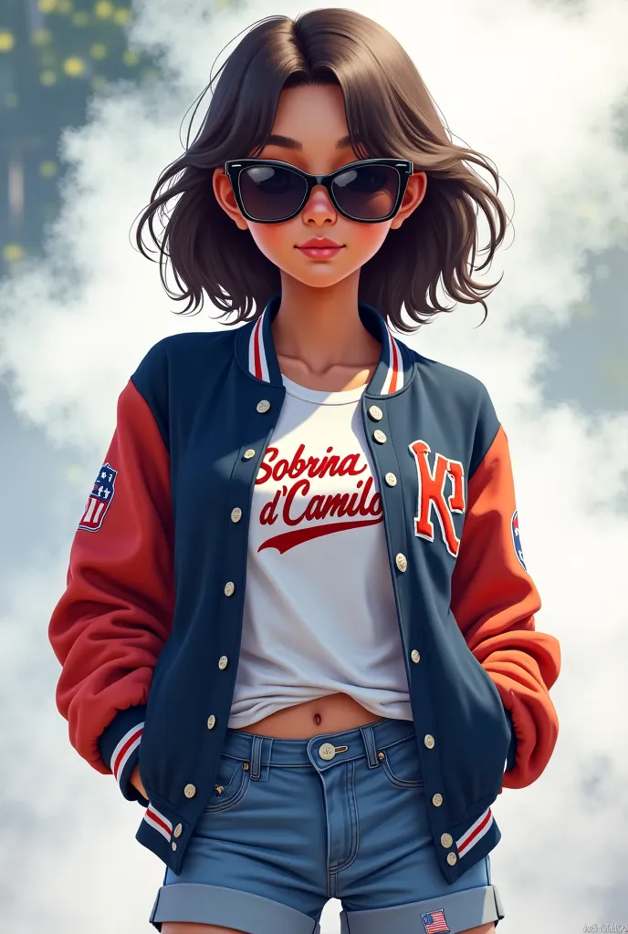 girl who wears a baseball jacket , who has the name Sobrina D' Camilo on her shirt and who is brown with sunglasses and who has white smoke behind the anime