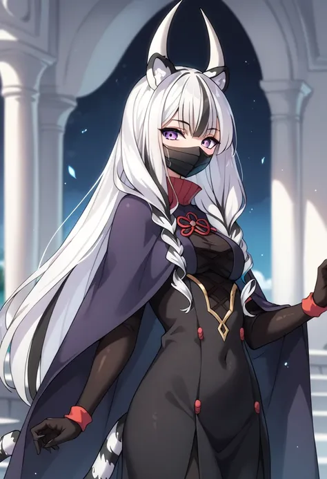 1girl, solo, long hair, white hair, black hair, multicolored hair, white tiger ears, white tiger tail, mask, white mask, black mask, multicolored mask, purple cloak, black cloak, multicolored cloak, purple eyes, glowing, Hollow Knight style.
