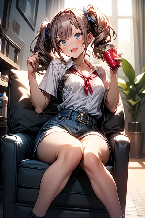 (perky chest:1.1), Bust A Cup, Amazing Cleavage:1.3, thin waist, big ass, Raised sexy, big breast: 1.2 posed cleavage:1.2、,(masterpiece), (best quality), detailed, a otaku girl, soro, twintails,  wavy hair twintails.hairs between eyes,dark blue eyes ,smile...