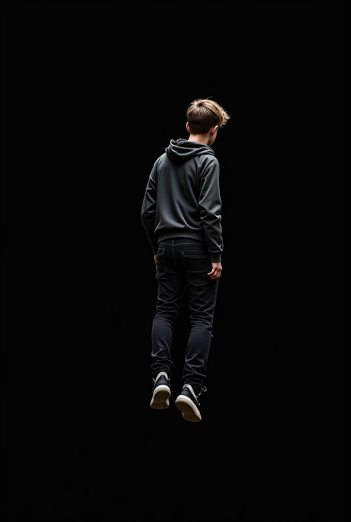 generates an image of a person in drawing format, Let him be a hiphop boy, fall down to an endless background, that my perspective is his back that I can't see his face, That it is falling with a black background, That the boy is falling