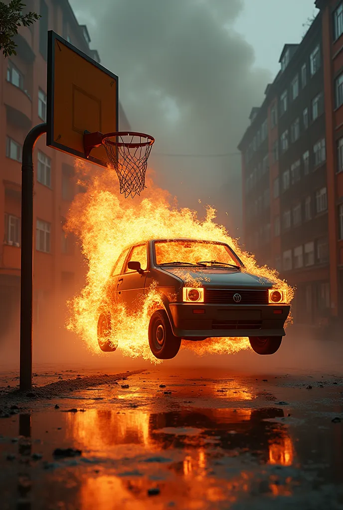 Fiat Seicento on fire dunking a basketball