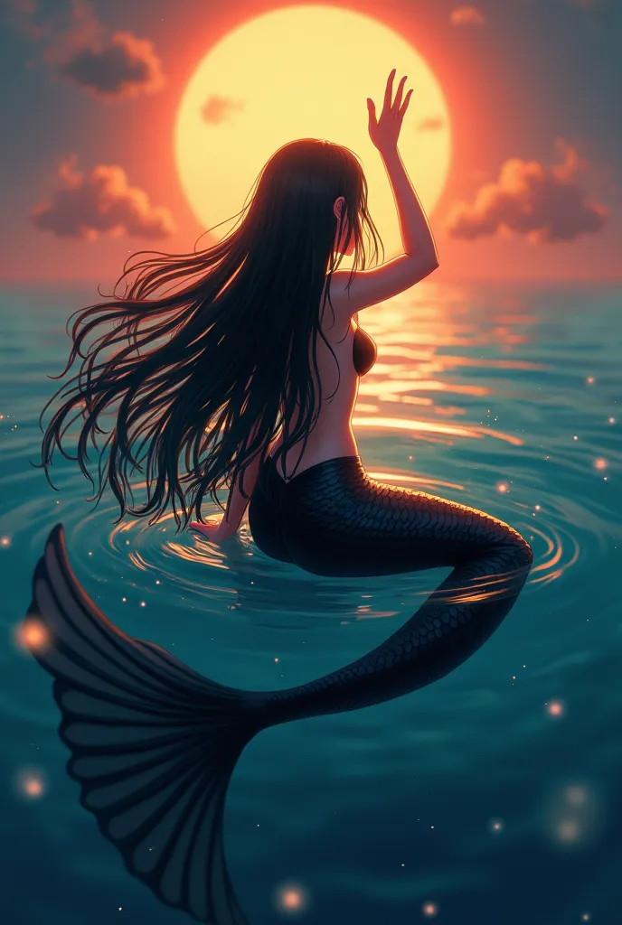 A portrait of a mermaid sitting on her back,with super long black hair, and with very bright colors in her long mermaid tail  , raise hand , As if it were touching the bright sun ,, anime style ,   that you can't see your face , and that its mermaid tail i...