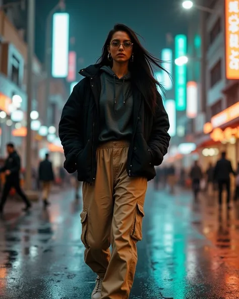 The photograph captures the model confidently walking down a busy street, surrounded by modern architectural buildings and neon signs that reflect on the wet asphalt. The weather is slightly cold, and a light wind moves her long and smooth black hair Expre...