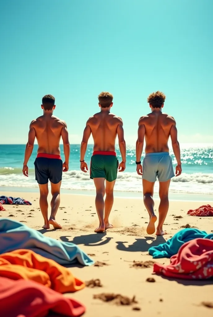 Sur la plage, trois jeunes sportifs, marchent sur les serviettes de plage des autres vacanciers laissées sur la plage. Les serviettes chiffonnées sous leurs pieds.