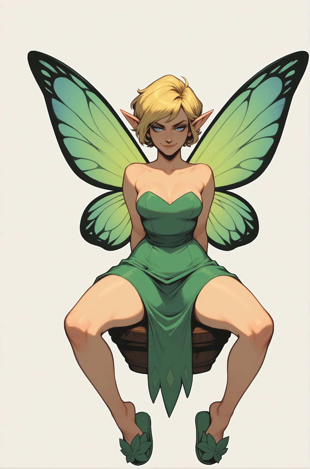 score_9, score_8_up, score_7_up, 1girl, fairy, closed mouth, smirk, seductive eyes, eyebrows, blue eyes, blonde hair, short hair, short green strapless dress, green slippers, fairy wings, medium breast, wide hips, legs spread, hands behind back, sitting on...