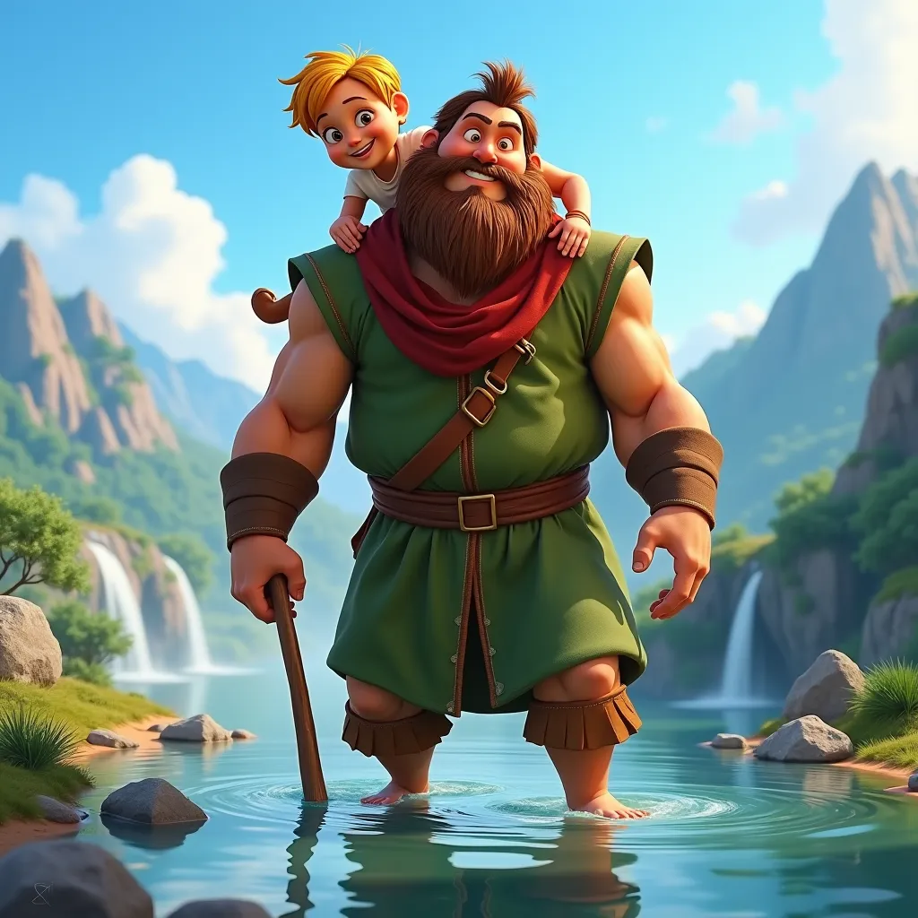 A 3D Disney Pixar poster shows a tall and strong man crossing a shallow river, carrying a boy on his left shoulder. He has a thick beard, a gentle look on his face and is dressed in a green tunic, red and brown ,  holding a staff. The boy, with golden curl...