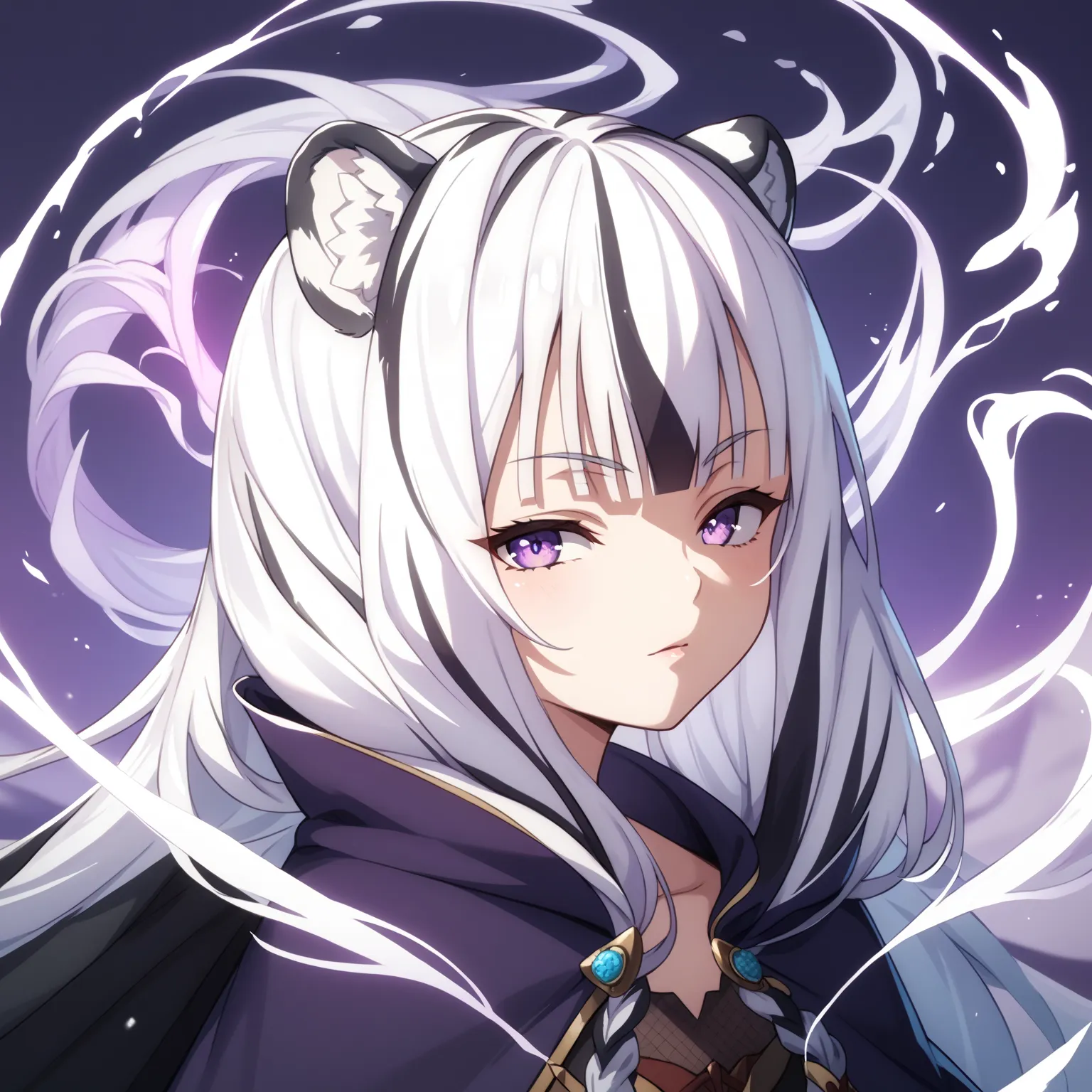 1girl, solo, long hair, white hair, black hair, multicolored hair, white tiger ears, white tiger tail,  purple cloak, black cloak, multicolored cloak, purple eyes, glowing, 
