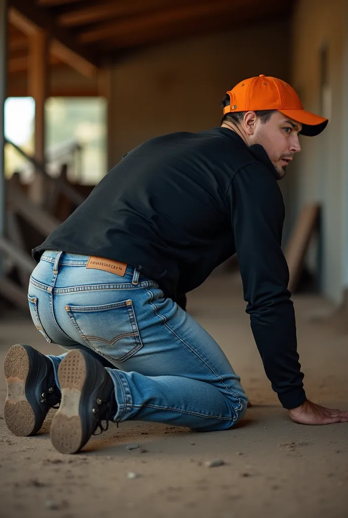 Realistic photograph , 30-year-old muscular (((athletic man))) crawling on the floor nalgon, rostro definido muy similar al de referencia, ojos negros, view from below, in profile, black sweater and tight washed-out light blue levis jeans, stright back, in...