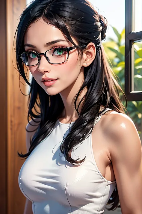 Masterpiece, ((1 girl, Black Hair, Mature Women)), ((Best Quality)), (Ultra-detailed), Highly detailed, ((Big Breasts)), (((Close up))), Perfect Lighting, Perfect background, ((Very Long Hair, Wavy Hair, Half-updo Hair, Black Hair, Green eyes, Blunt bangs,...