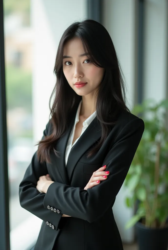 Canon EOS 5D Mark IV with EF 50mm f/1.2L lens at f/2: [charming Japanese woman, 28 years old, with black straight hair and brown eyes, wearing a sexy office outfit, standing confidently in a modern office], [soft, natural light pouring through a large wind...