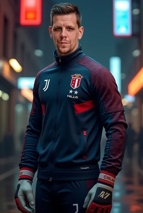 Generate a hyper realistic image of Szczesny dressed as a rapper wearing a navy blue and maroon tracksuit