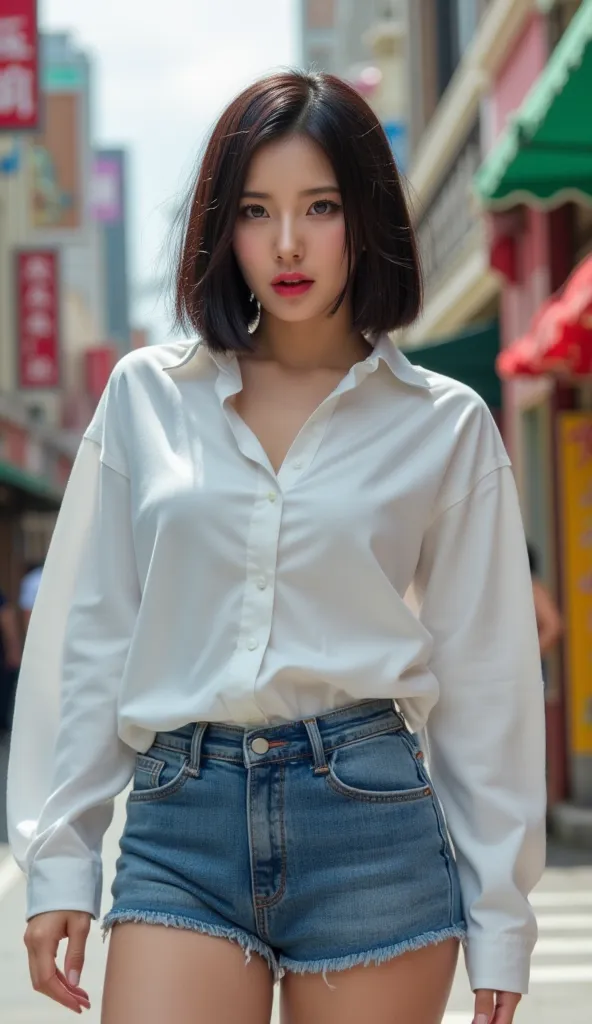 A beautiful woman,  walking down the city street,   body facing front, wearing a white oversize buttoned shirt,   denim shorts , big boobs,  red lips,   Annoyed face ,  detailed image ,  HD quality