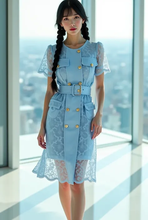 Arealistic full body view of a mandarin model with realistic skin texture black baby bang braidshair with freckles and light pink lipstick with an elegant light blue lace dress features intricate floral patterns with a semi-sheer effect. It has a fitted wa...