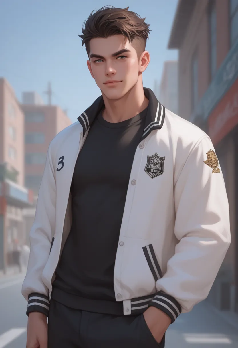 A handsome man in his 20s confident pose, he's wearing a letterman jacket, looking at the viewer, a confident pose, urban football setting