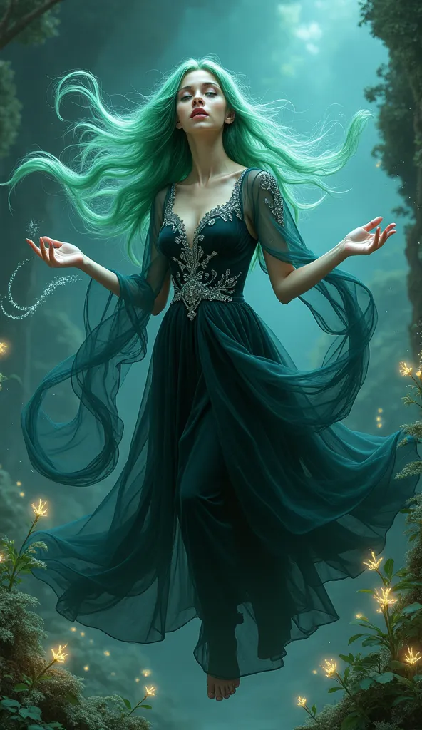 A mesmerizing sorceress with green hair and piercing blue eyes, floating above a mystical, otherworldly landscape filled with glowing plants and ethereal light. She is adorned in a flowing black dress with intricate silver embroidery. Her hands weave throu...