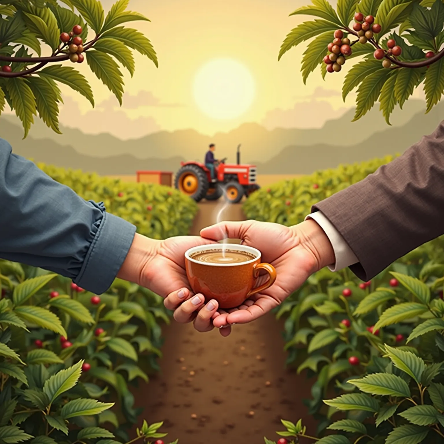 Create a photorealistic 3D poster to illustrate the meeting of coffee producers showing two hands greeting each other against the background of a cup of hot coffee and coffee branches. In the background, A field, A coffee plantation and a tractor. Format 2...