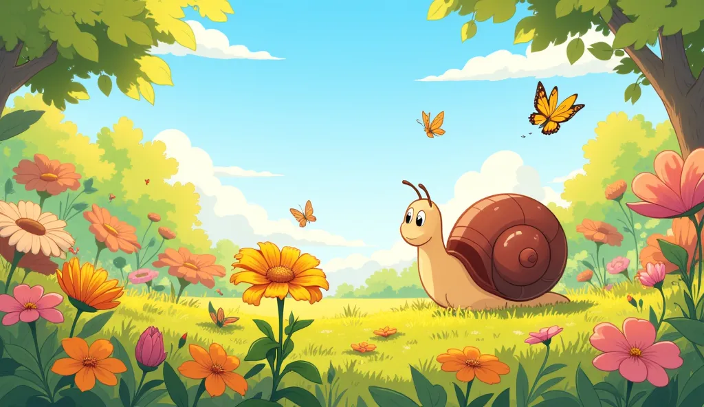 In a vibrant cartoon illustration, we see a peaceful garden bathed in warm afternoon sunlight. Carlitos (a small, round, light burgundy shelled snail with soft, gentle eyes, exuding optimism and curiosity) sits among colorful flowers, observing the lively ...