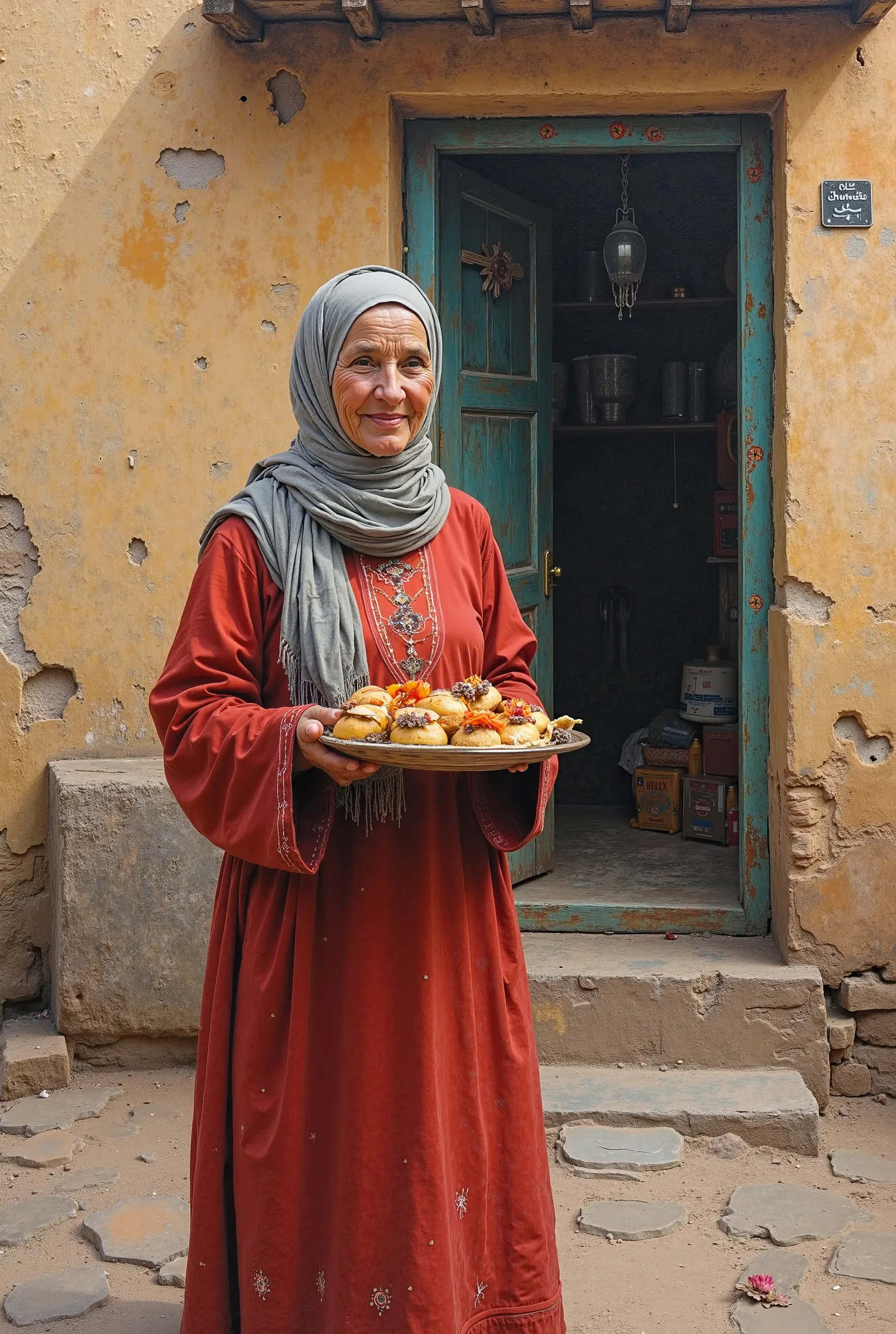 An original abstract oil painting, an old woman with an old Yemeni features, a hijab and a beautiful smile, in front of an old Yemeni house in Old Sanaa wearing the traditional red Sanaani dress, carrying cakes and sweets inside 