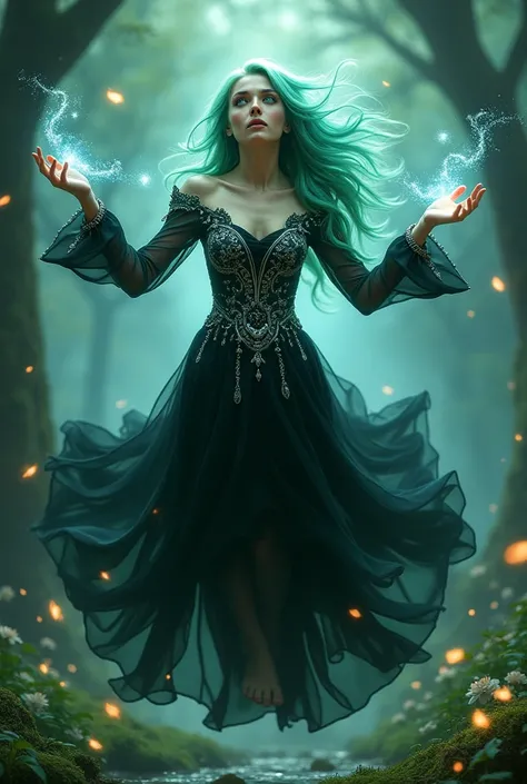 A mesmerizing sorceress with green hair and piercing blue eyes, floating above a mystical, otherworldly landscape filled with glowing plants and ethereal light. She is adorned in a flowing black dress with intricate silver embroidery. Her hands weave throu...