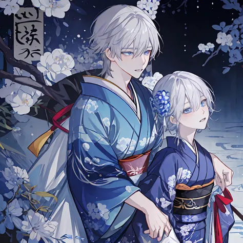 Ultra-high quality, highly detailed, masterpiece, Pixiv-style illustration. A beautiful young male yokai fox with medium-length silver-white hair and light blue eyes. His slightly parted lips reveal small fangs. He wears a deep blue kimono and glances subt...