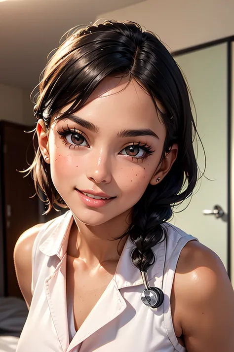 Masterpiece, ((1 girl, Black Hair, Tan Skin, Brown Skin)), ((Best Quality)), (Ultra-detailed), Highly detailed, ((Big Breasts)), ((Close up)), Perfect Lighting, Perfect background, ((Braid Medium Hair, Black Hair, Brown eyes)), ((30-years-old, Mature Woman...