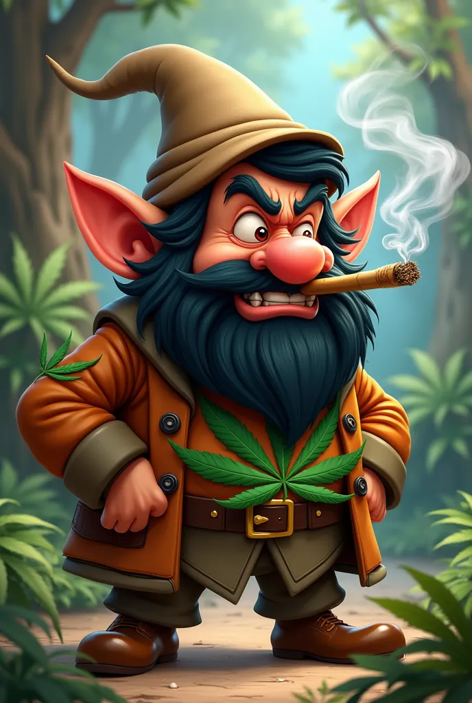 A dwarf in a hat and jacket with a marijuana leaf who smokes a joint with an angry face and a black beard. Stile Disney 