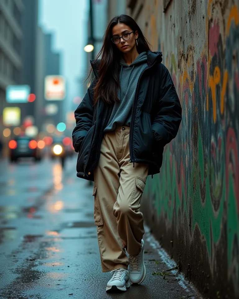 The photograph captures the model confidently walking down a busy street, surrounded by modern architectural buildings and neon signs that reflect on the wet asphalt. The weather is slightly cold, and a light wind moves her long and smooth black hair Expre...