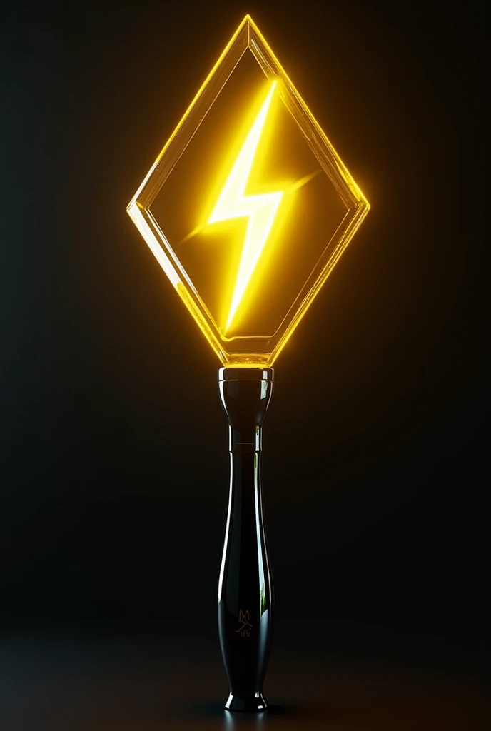 A kpop lightstick for the kpop group "LIGHTFLASH" that looks like a ⚡ (flash) (yellow flash) I want the handle to be black and the flash to be yellow surrounded by a diamond shape glass shell.