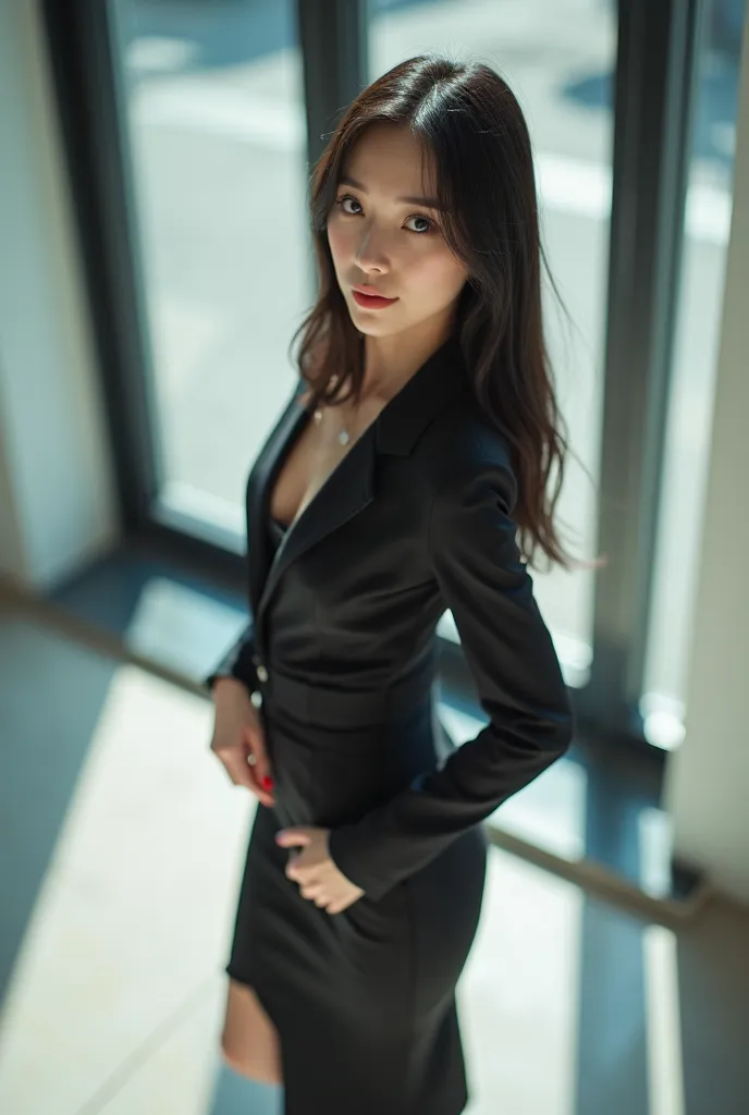 Canon EOS 5D Mark IV with EF 50mm f/1.2L lens at f/2: [charming Japanese woman, 28 years old, with black straight hair and brown eyes, wearing a sexy office outfit and high heels, standing confidently in a modern office], [soft, natural light pouring throu...