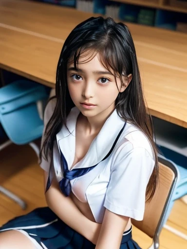 Frightened expression, (Frightened expression), ((Frightened expression)), (((Frightened expression))), Junior high school students, Student Uniform,((())),No makeup,High resolution,Professional photography,High resolution,Small breasts,,slim, Lie on your ...