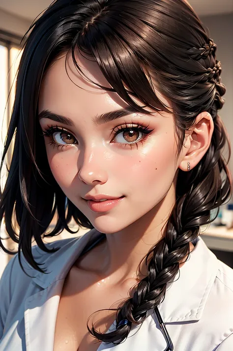 Masterpiece, ((1 girl, Black Hair, Tan Skin, Brown Skin)), ((Best Quality)), (Ultra-detailed), Highly detailed, ((Big Breasts)), ((Close up)), Perfect Lighting, Perfect background, ((Braid Medium Hair, Black Hair, Brown eyes)), ((30-years-old, Mature Woman...