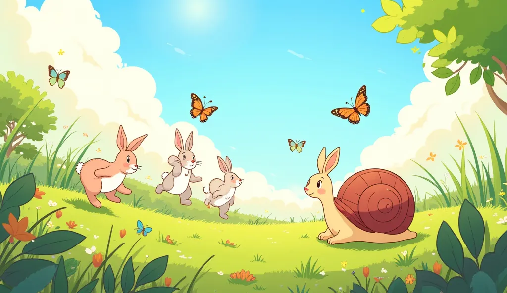 In this delightful cartoon illustration, Carlitos (the small, round, shelled light burgundy snail) watches with eyes wide open as the rabbits bound joyfully through the sun-kissed meadow. The scene depicts the contrast between his slow, thoughtful demeanor...