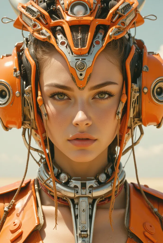 beautiful female with a futuristic-looking face, in the style of fantastical contraptions, facing forward, traditional oceanic art, orange and beige, algorithmic artistry, airbrush art, alexander fedosav, richly colored --ar 63:128 --personalize 2gwf1qc --...