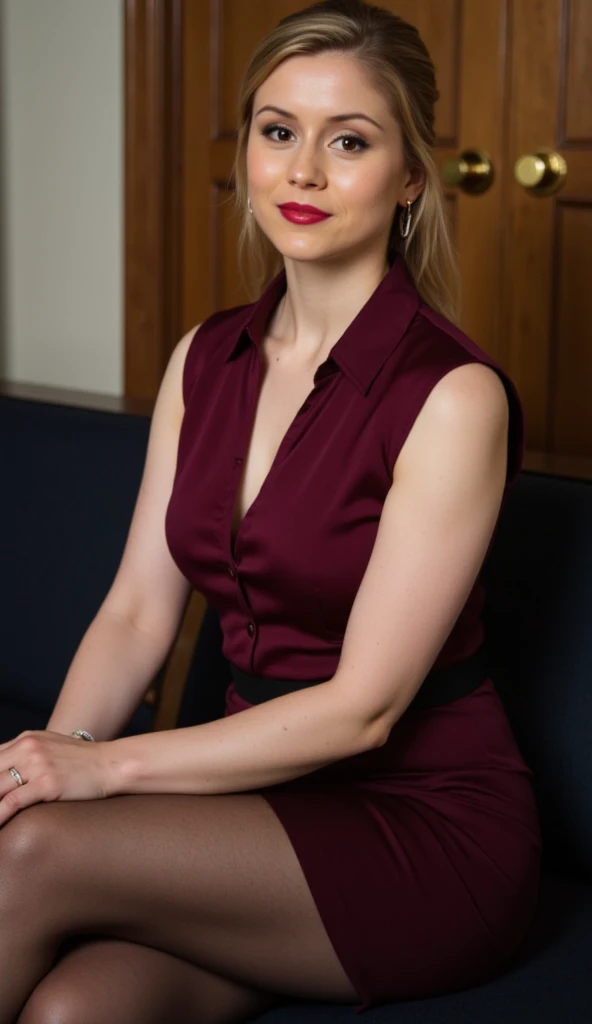 Close up face image of a woman in a formal maroon shirt attire. Sleeveless. Sitting. Legs folded. Thighs visible. Background blurred. She is wearing stockings. Red lipstick.