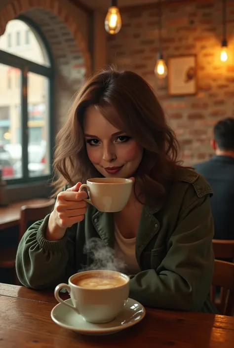 I want an image of myself drinking coffee in a romantic coffee shop, vintage  